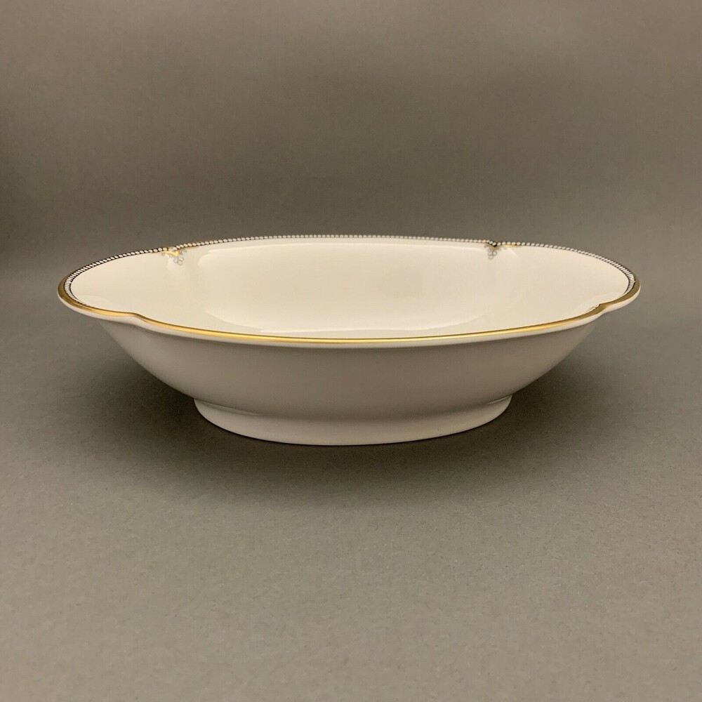 Royal Bayreuth Oval Serving Bowl Black Geometric Dots‎ Gold Trim Scalloped Edge